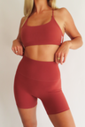 heat active essential open back strappy sports bra rust red set